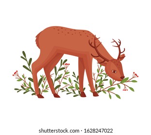 Brown Deer Near Floral Twigs. Hoofed Ruminant Mammal Standing with Its Head Bending Vector Illustration