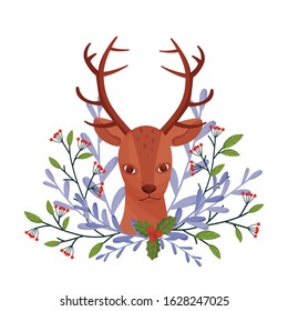 Brown Deer Near Floral Twigs. Hoofed Ruminant Mammal Sticking Out Its Head Through Winter Flora Vector Illustration