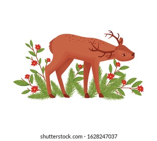 Brown Deer Near Floral Twigs. Hoofed Ruminant Mammal Standing with Its Head Bending Vector Illustration