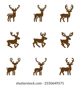 Brown deer vector icon with various variations