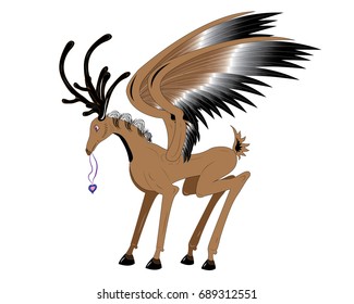 Brown deer with wings and horns
