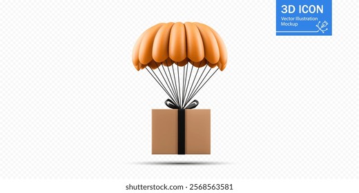 A brown delivery box is suspended below a bright orange parachute, illustrating a creative and modern approach to package delivery and logistics solutions.