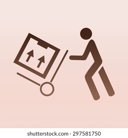 Brown Delivery man pushing a cargo hand truck, vector icon