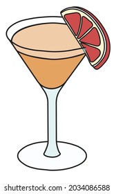 Brown Derby Aka De Rigueur Classic Cocktail In Martini Glass. An Elegant Drink Garnished With A Slice Of Grapefruit. Stylish Hand-drawn Doodle Cartoon Hipster Style Vector Illustration