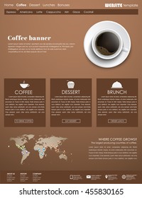 Brown Design web site with a cup of black coffee, top view. Template menu for cafes, shops and restaurants. Vector illustration.