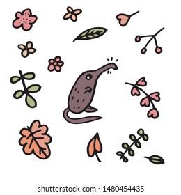 brown desman in doodle style on a white background with autumn leaves. listed in the red book