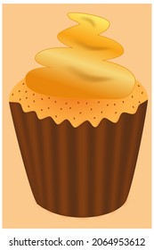 The brown dessert in the shape of a cupcake with yellow icing and brown decoration