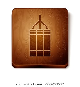 Brown Detonate dynamite bomb stick icon isolated on white background. Time bomb - explosion danger concept. Wooden square button. Vector