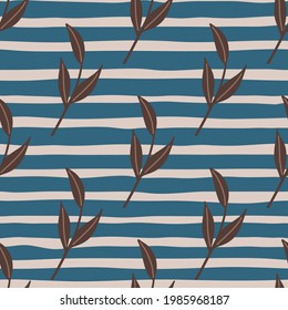 Brown diagonal leaf branches print seamless pattern in doodle style. Blue and grey striped background. Perfect for fabric design, textile print, wrapping, cover. Vector illustration.