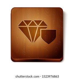 Brown Diamond with shield icon isolated on white background. Jewelry insurance concept. Security, safety, protection, protect concept. Wooden square button. Vector Illustration