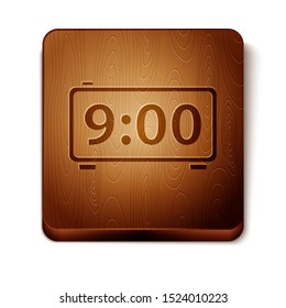 Brown Digital alarm clock icon isolated on white background. Electronic watch alarm clock. Time icon. Wooden square button. Vector Illustration