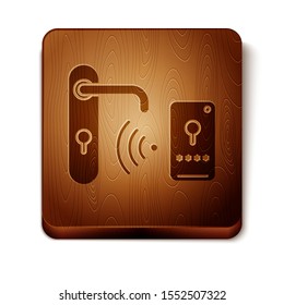 Brown Digital door lock with wireless technology for unlock icon isolated on white background. Door handle sign. Security smart home. Wooden square button. Vector Illustration