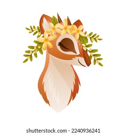 Brown Dik-dik as African Small Antelope with Horns Having Floral Wreath on Its Head Vector Illustration