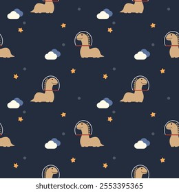 Brown dinosaur in space cartoon so cute. On star cloud background. Pattern seamless vector illustration. 