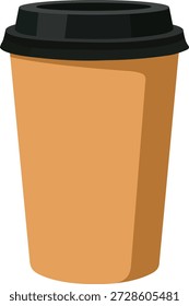 Xícara de café descartável marrom com tampa preta no fundo branco