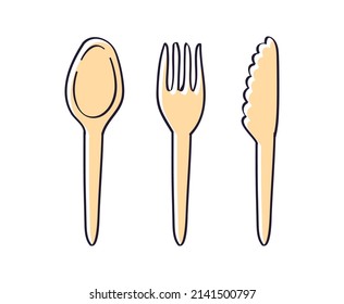 Brown disposable eco friendly material tableware set, fork, spoon, knife, isolated vector illustration.