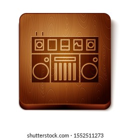 Brown DJ remote for playing and mixing music icon isolated on white background. DJ mixer complete with vinyl player and remote control. Wooden square button. Vector Illustration