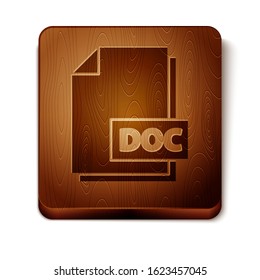 Brown DOC file document. Download doc button icon isolated on white background. DOC file extension symbol. Wooden square button. Vector Illustration