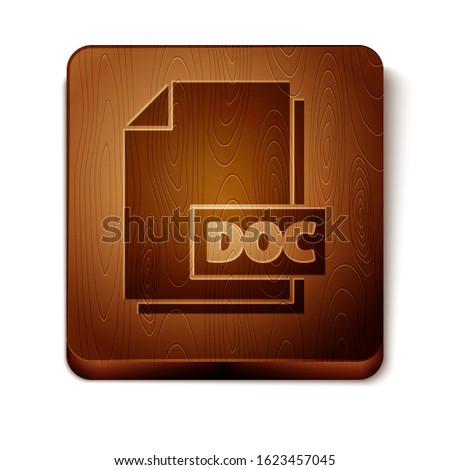Brown DOC file document. Download doc button icon isolated on white background. DOC file extension symbol. Wooden square button. Vector Illustration
