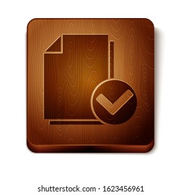 Brown Document and check mark icon isolated on white background. Checklist icon. Business concept. Wooden square button. Vector Illustration