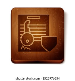 Brown Document with key with shield icon isolated on white background. Key insurance. Security, safety, protection, protect concept. Wooden square button. Vector Illustration