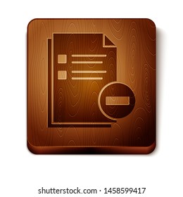 Brown Document with minus icon isolated on white background. Clear document. Remove file document. Delete information file. Wooden square button. Vector Illustration