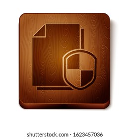 Brown Document protection concept icon isolated on white background. Confidential information and privacy idea, secure, guard, shield. Wooden square button. Vector Illustration