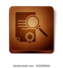 Brown Document with search icon isolated on white background. File and magnifying glass icon. Analytics research sign. Wooden square button. Vector Illustration