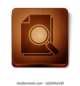 Brown Document with search icon isolated on white background. File and magnifying glass icon. Analytics research sign. Wooden square button. Vector Illustration