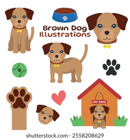 Brown Dog - Cute Illustrations in Different Poses, Sitting, Side, Head, Paw and Lying in Doghouse. Cartoon in Flat Design.