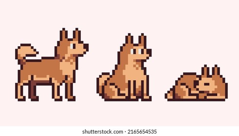 Brown dog in different poses pixel art set. Cute sitting, standing and sleeping doggy collection. 8 bit sprite. Game development, mobile app.  Isolated vector illustration.