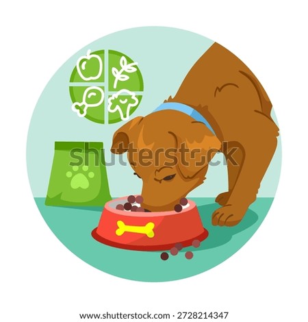 Brown dog eating kibble from red bowl, green nutrition icons and dog food bag in background, flat style. Concept of pet nutrition. Vector illustration
