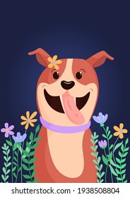 brown dog in flowers on a blue background