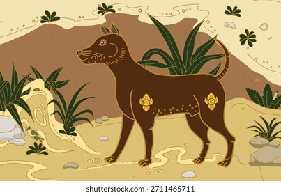 A brown dog is in the forest. It raises its head. This is a Thai Art Painting in a yellow mood.