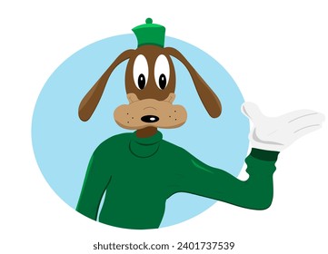 Un perro marrón con un sombrero verde y una chaqueta verde ondea su mano con un fondo azul claro