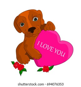 A brown dog in the hands holds the heart, I love you, a cartoon on a white background.vector