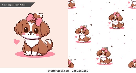 Brown dog and heart pattern. Cute brown dog smile, pink heart, standing on pink ground, brownish white background.