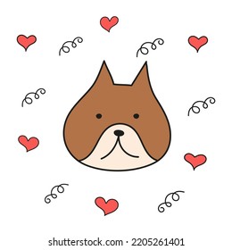 Brown dog with hearts in style of doodles on white background. Vector image for use in web design or clipart
