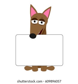 brown dog holding empty writable white sheet in his mouth funny vector illustration isolated
on white background