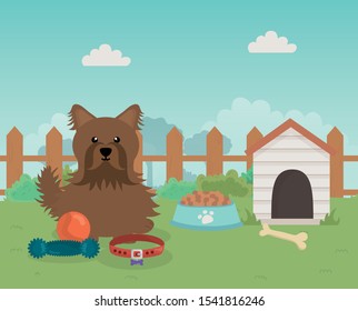 brown dog with house food and toys pet care vector illustration