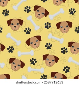 Brown Dog Pattern - Messy Dog Heads, Bones and Paws on Burnt Yellow Background. Seamless Link.