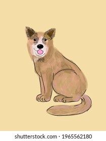 Brown dog sitting icon vector illustration. Rough,engraving,animal character.