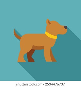 Brown dog standing with collar looking right flat design icon with long shadow