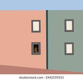 Brown dog standing on two legs and looking away by the window from apartment. Pets indoors. Loneliness and life at home concept