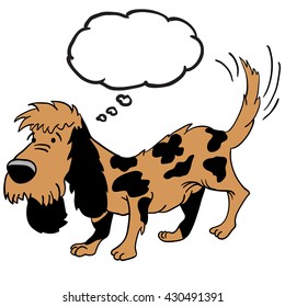 perro pardo con dibujos animados de burbujas de pensamiento