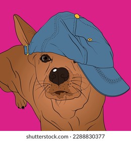 Brown dog wearing baseball cap, pink background.