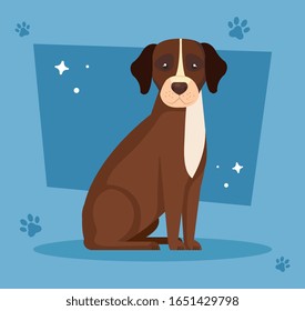 brown dog with white spot in background with pawprints vector illustration design