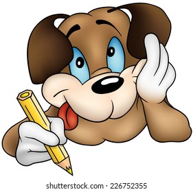 Brown Dog Writing - Colored Cartoon Illustration, Vector