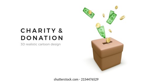 Brown donation box with falling gold coins. 3D realistic charity and donation concept for mobile app or online service.Vector illustration