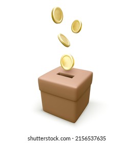 Brown donation box with falling gold coins. 3D realistic charity and donation concept. Vector illustration